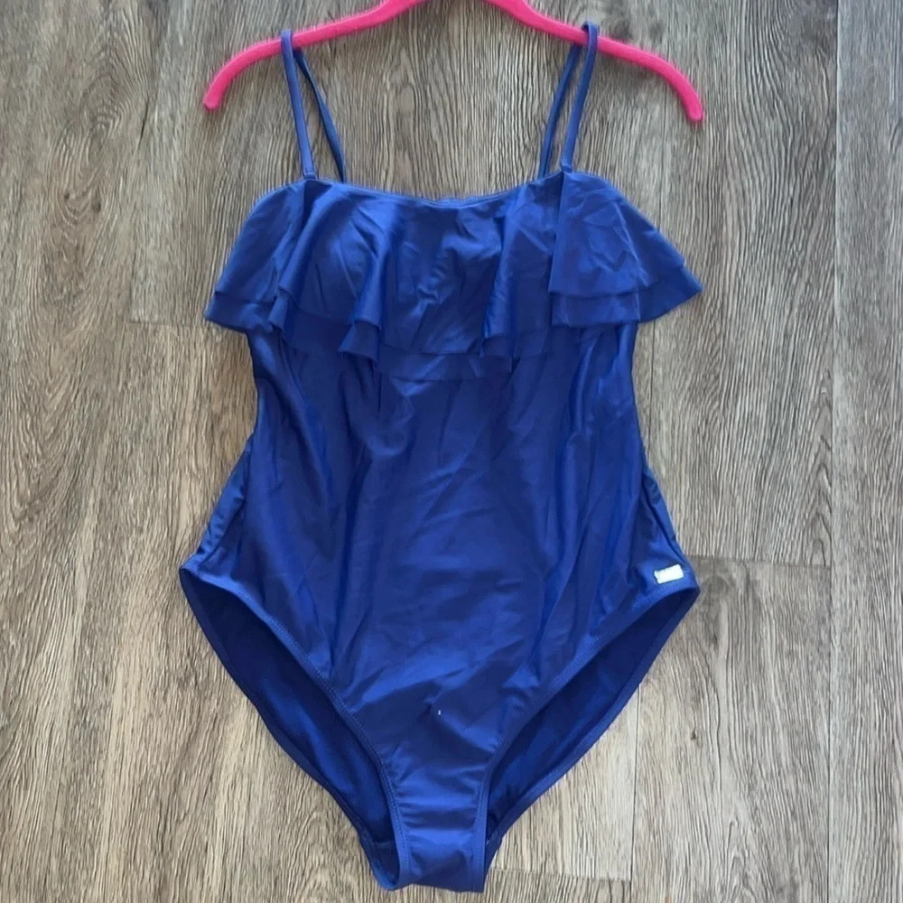 Navy Blue Ruffle-Overlay Swimsuit Size Large - Picture 4 of 13